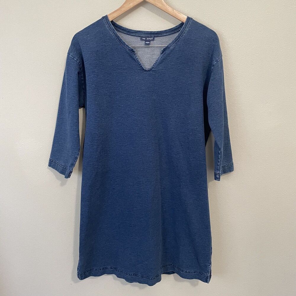 J. Jill Pure Jill Indigo Split Hem Midi Dress 3/4 Sleeve Stretch Denim Small